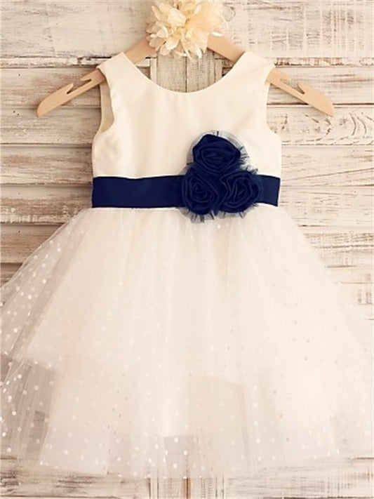 Tea-Length Organza Scoop Hand-made A-line/Princess Flower Sleeveless Flower Girl Dresses