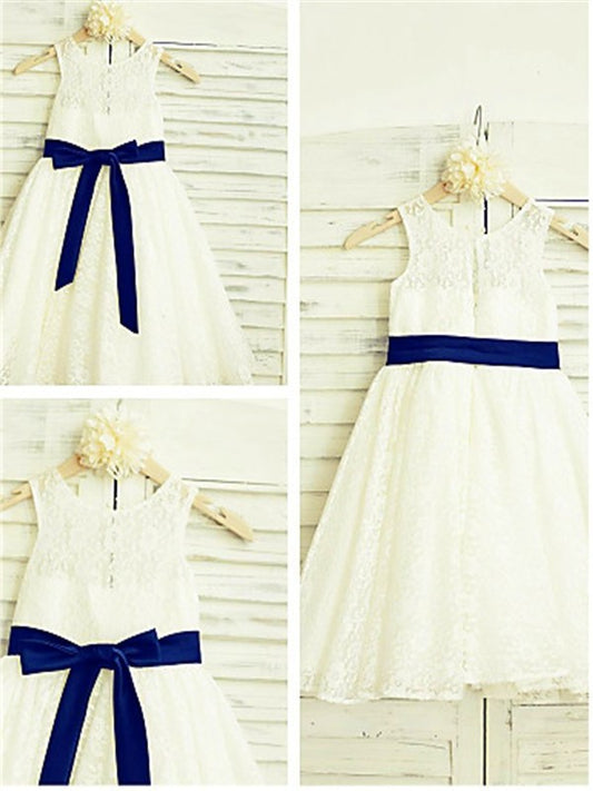 Sleeveless Lace A-line/Princess Tea-Length Scoop Bowknot Flower Girl Dresses