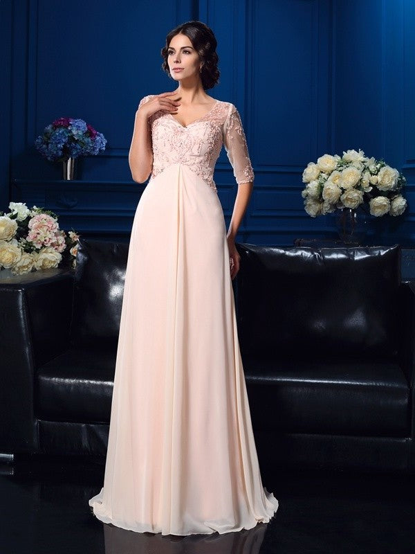 Beading A-Line/Princess Long V-neck Chiffon Sleeves 1/2 Mother of the Bride Dresses