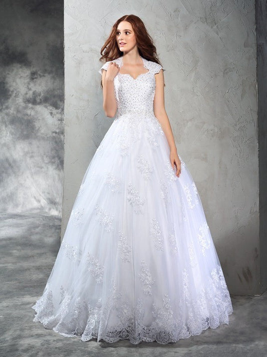 Sweetheart Sleeveless Long Lace Ball Gown Organza Wedding Dresses