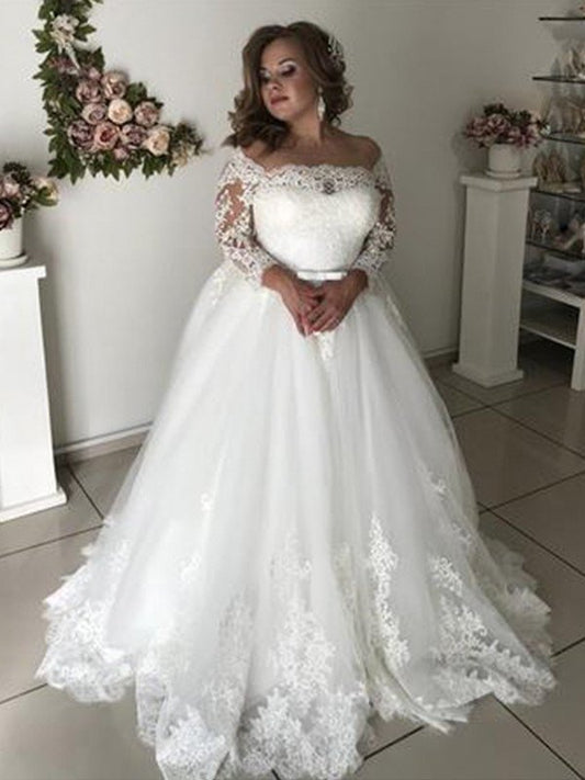 Train Sweep/Brush Sleeves Long Lace A-Line/Princess Off-the-Shoulder Tulle Wedding Dresses