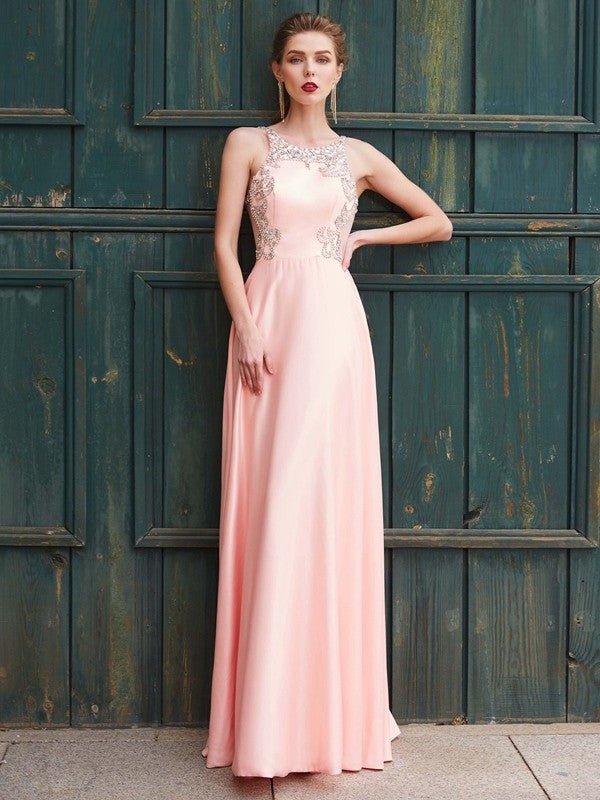 A-Line/Princess Beading Scoop Sleeveless Satin Floor-Length Dresses