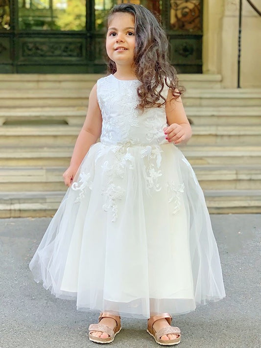 Ankle-Length Scoop Tulle A-Line/Princess Sleeveless Lace Flower Girl Dresses