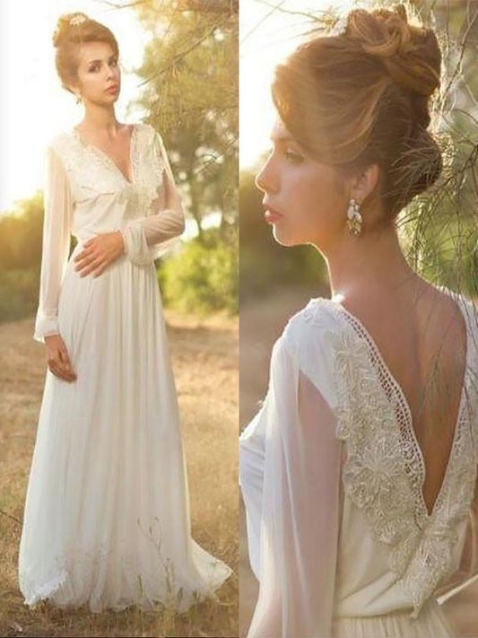 Sleeves Sweep/Brush V-neck Long A-Line/Princess Lace Chiffon Train Wedding Dresses