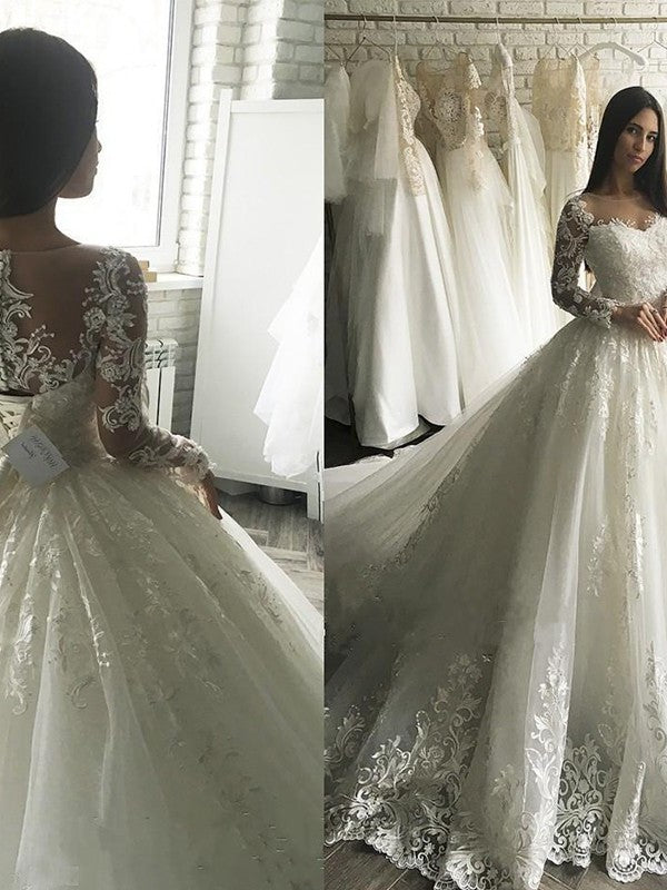 Long Tulle Scoop Gown Ball Court Sleeves Applique Train Wedding Dresses