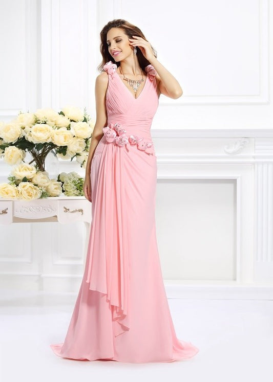 Sleeveless Hand-Made V-neck Trumpet/Mermaid Flower Long Chiffon Bridesmaid Dresses