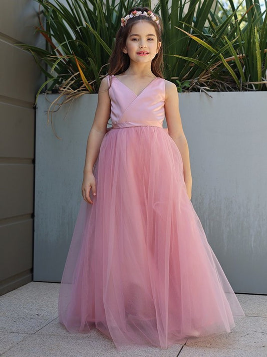 Bowknot V-neck A-Line/Princess Tulle Sleeveless Floor-Length Flower Girl Dresses