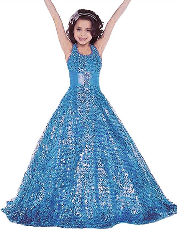 Floor-Length Ball Sequins Halter Gown Sleeveless Flower Girl Dresses