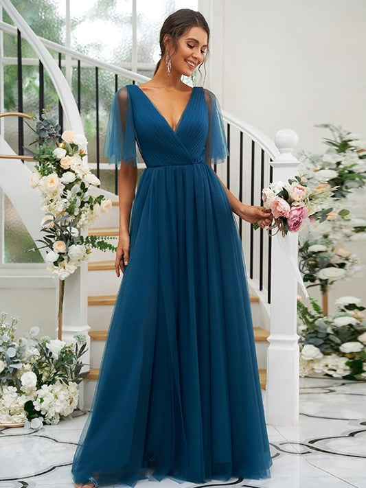 V-neck A-Line/Princess Tulle Short Sleeves Ruffles Floor-Length Bridesmaid Dresses