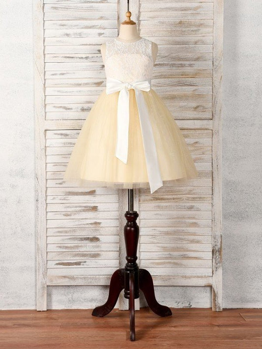 Tulle A-Line/Princess Sash/Ribbon/Belt Sleeveless Tea-Length Scoop Flower Girl Dresses