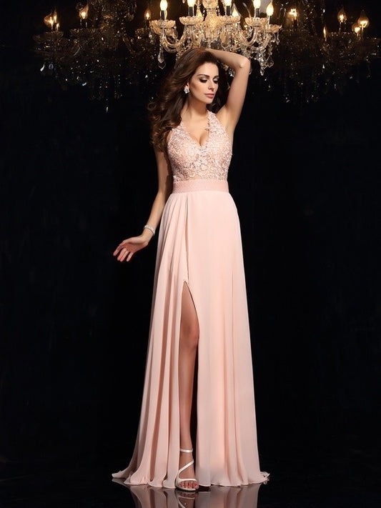 Lace A-Line/Princess Halter Sleeveless Long Chiffon Dresses