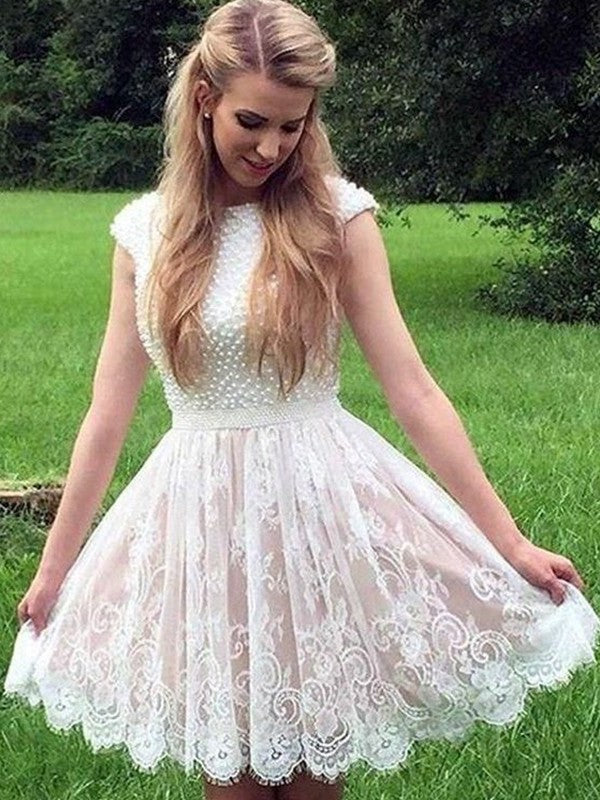 Sleeveless Pearls Neck A-Line/Princess Lace Sheer Short/Mini Homecoming Dress