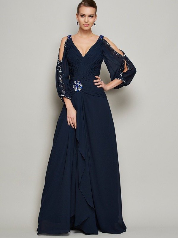 Long V-neck Beading A-Line/Princess Sleeves Long Chiffon Dresses