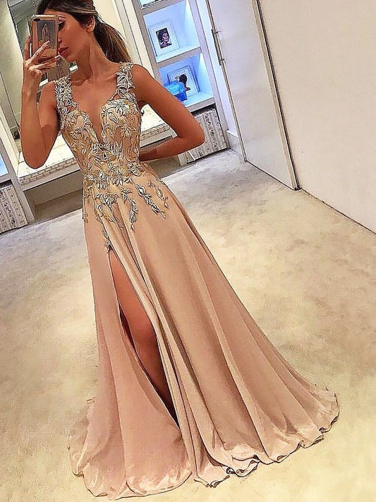 V-neck Sleeveless Silk A-Line/Princess Applique Floor-Length like Satin Dresses