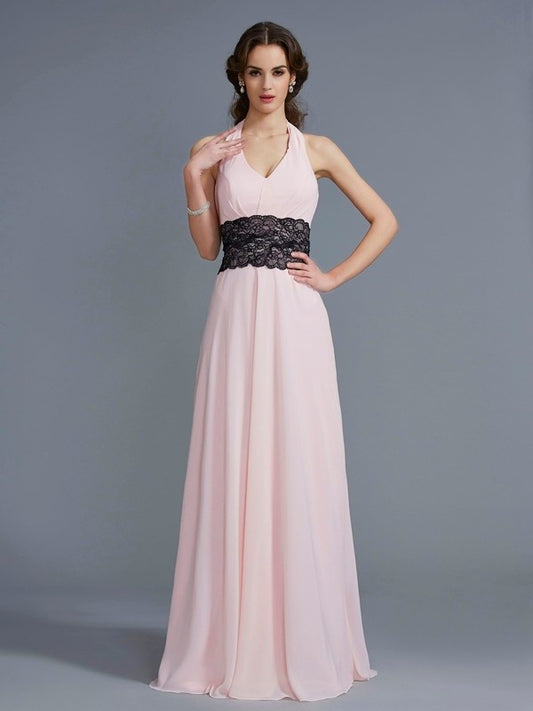 A-Line/Princess Applique Sleeveless Halter Long Chiffon Dresses