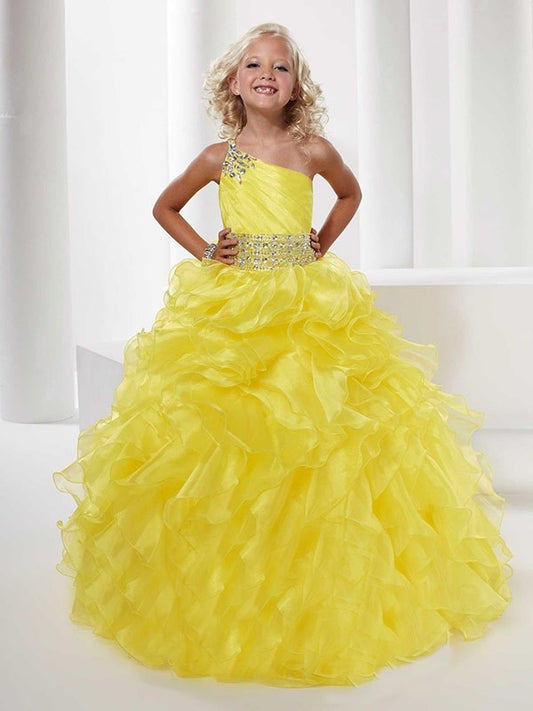 One-shoulder Long Ball Beading Gown Organza Sleeveless Flower Girl Dresses