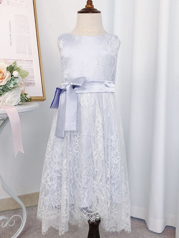 Lace Sleeveless Tea-Length A-Line/Princess Bowknot Scoop Flower Girl Dresses