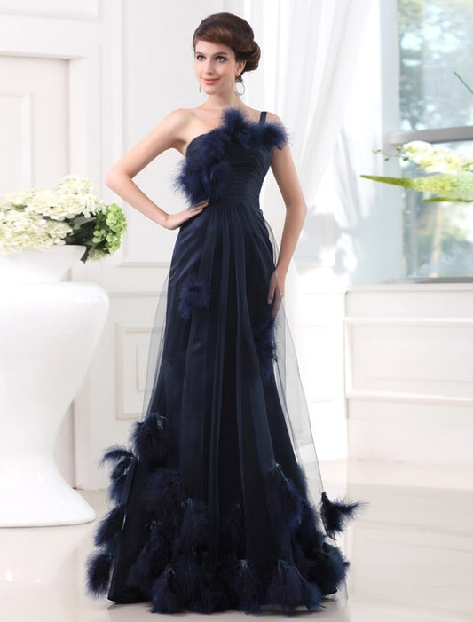 One-shoulder Trumpet/Mermaid Satin Sleeveless Long Tulle Feathers/Fur Dresses