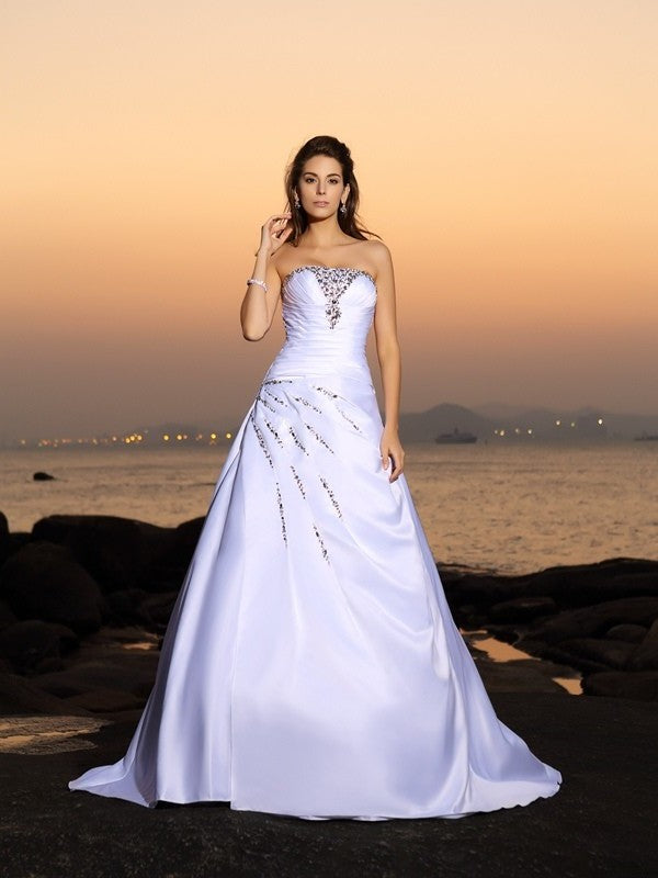 Beading Strapless Sleeveless Satin A-Line/Princess Long Beach Wedding Dresses