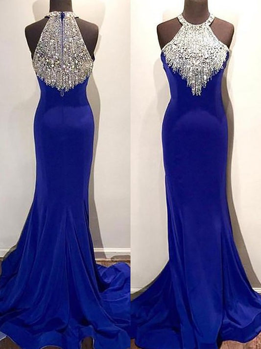 Sleeveless Trumpet/Mermaid Sweep/Brush Train Halter Beading Spandex Dresses