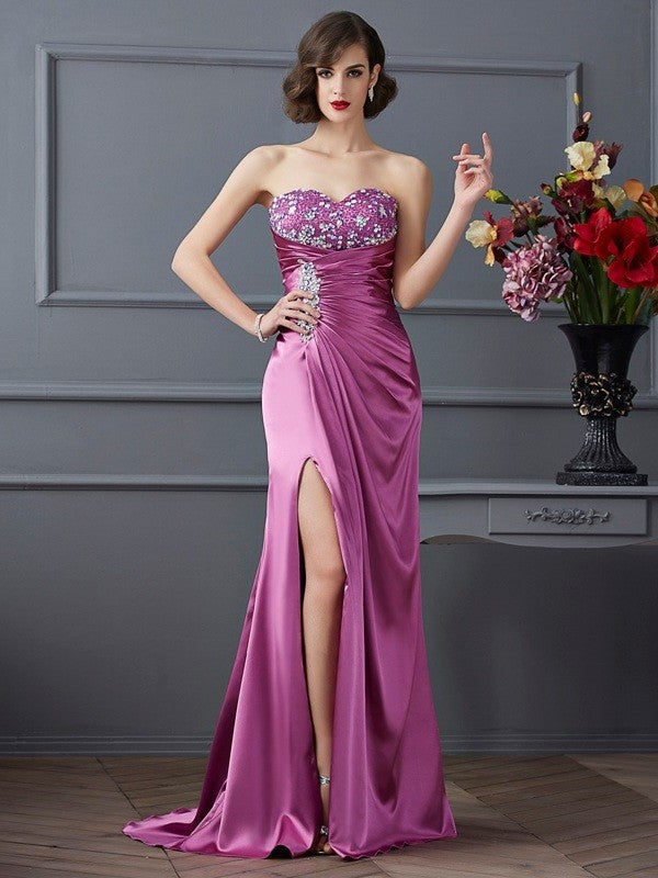 Elastic Long Sleeveless Sheath/Column Sweetheart Beading Woven Satin Dresses