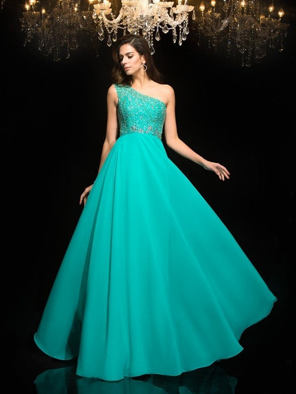 Beading A-Line/Princess One-Shoulder Sleeveless Long Chiffon Dresses