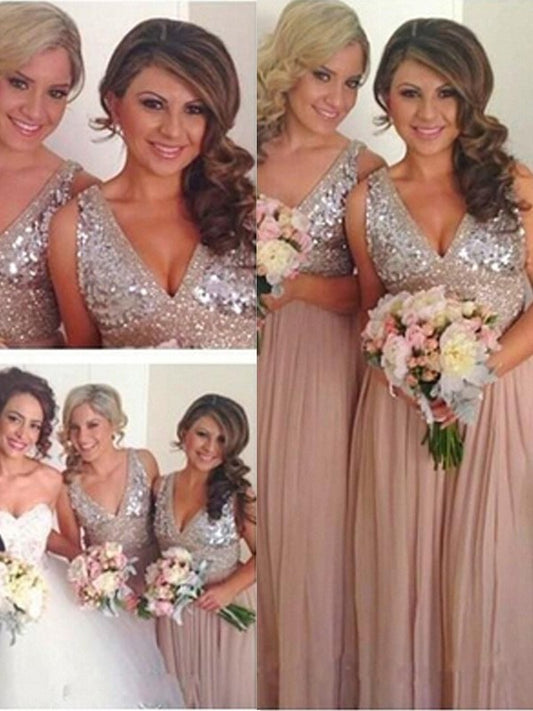 V-neck A-Line/Princess Sleeveless Sequin Floor-Length Chiffon Bridesmaid Dresses