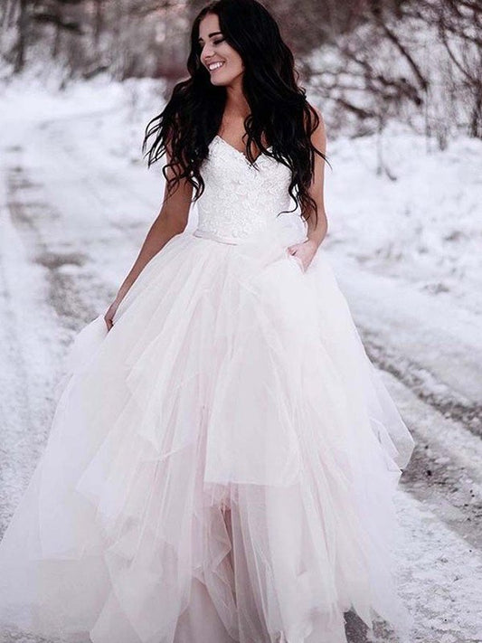 Tulle Sleeveless V-neck Ruched A-Line/Princess Floor-Length Wedding Dresses