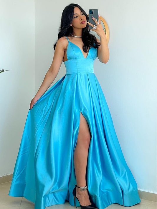 A-Line/Princess Straps Spaghetti Satin Sleeveless Ruffles Floor-Length Dresses