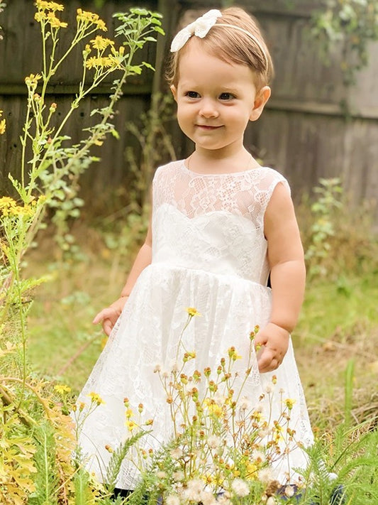 Sleeveless Bowknot Tea-Length A-Line/Princess Lace Scoop Flower Girl Dresses