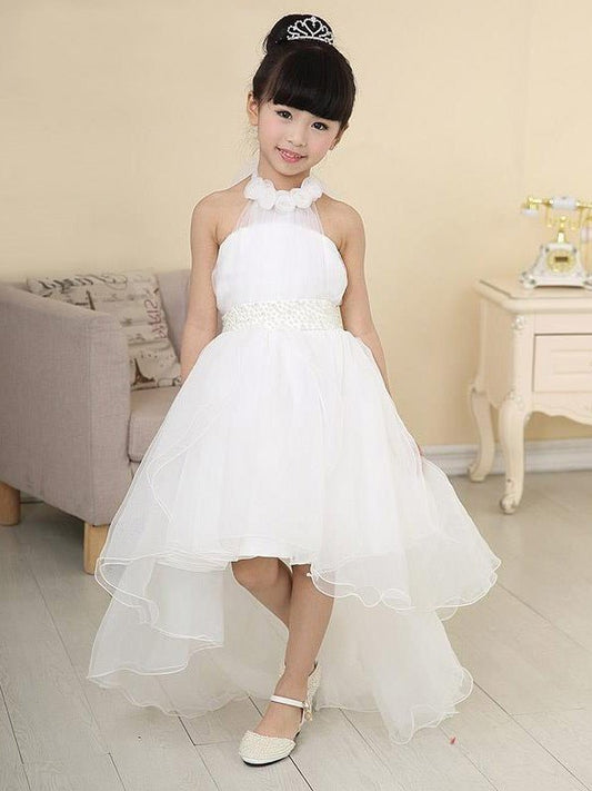 High Organza A-line/Princess High Sleeveless Low Neck Beading Flower Girl Dresses