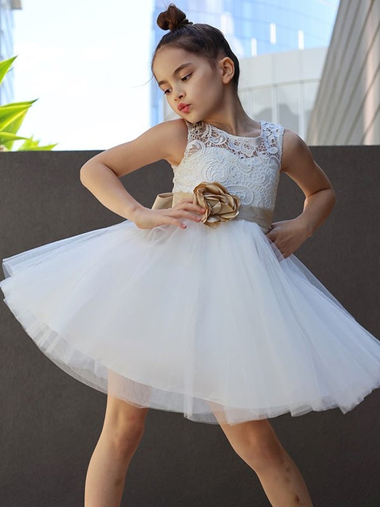 Lace A-Line/Princess Sleeveless Tulle Scoop Knee-Length Flower Girl Dresses