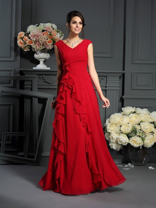 V-neck Hand-Made Mother of Flower A-Line/Princess Chiffon Long Sleeveless the Bride Dresses