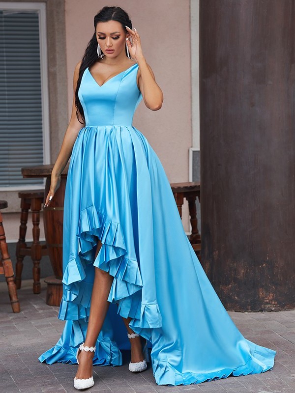 A-Line/Princess V-neck Satin Ruffles Sleeveless Asymmetrical Dresses