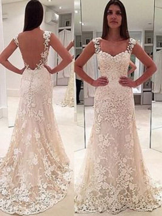 Sweetheart Sheath/Column Straps Court Sleeveless Train Applique Lace Wedding Dresses