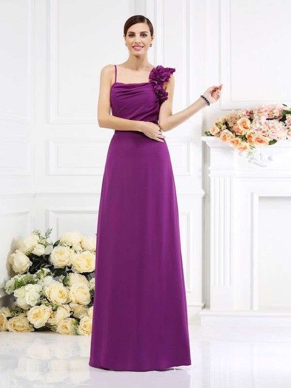 Spaghetti Hand-Made Sheath/Column Long Flower Sleeveless Straps Chiffon Bridesmaid Dresses