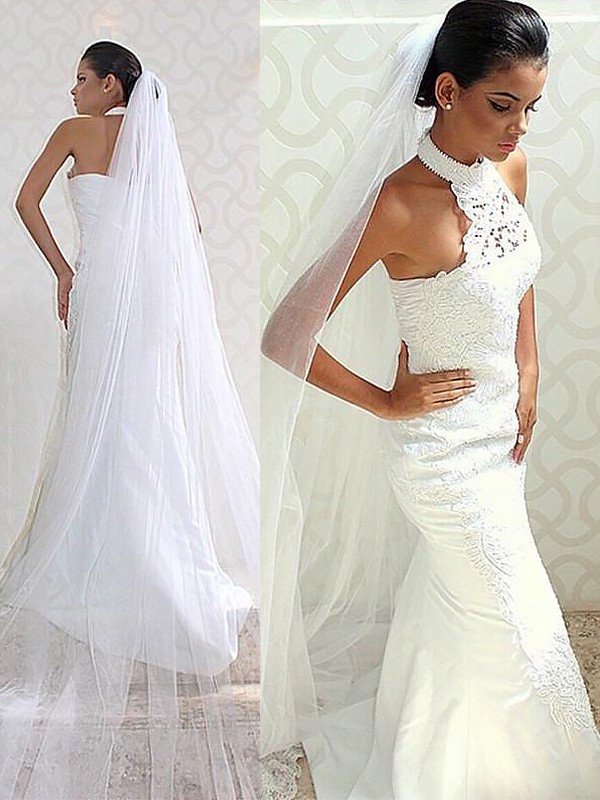 Trumpet/Mermaid Satin Sweep/Brush Train Halter Sleeveless Wedding Dresses