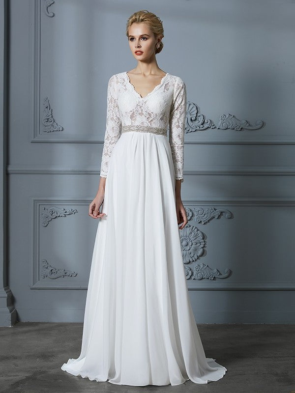 Sweep/Brush A-Line/Princess V-neck Lace Sleeves 3/4 Train Chiffon Wedding Dresses