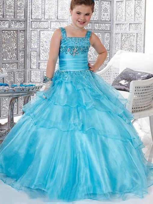 Sleeveless Long Ball Straps Beading Organza Gown Flower Girl Dresses