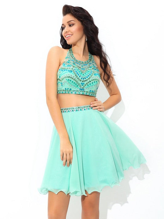 A-Line/Princess Sheer Kinley Neck Rhinestone Sleeveless Short Chiffon Homecoming Dresses Two Piece Dresses