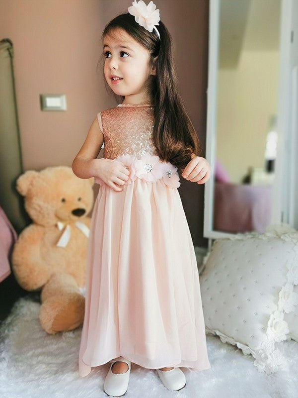 Chiffon A-Line/Princess Scoop Sequin Floor-Length Sleeveless Flower Girl Dresses