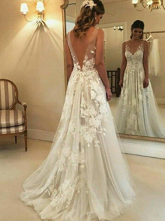 V-neck Sleeveless A-Line/Princess Train Applique Sweep/Brush Tulle Wedding Dresses