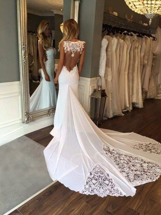 Cathedral Trumpet/Mermaid Applique Train Sleeveless Sweetheart Lace Wedding Dresses