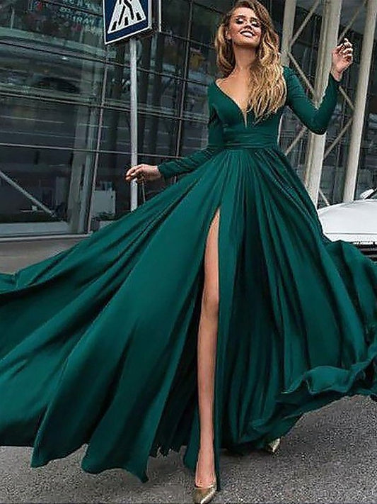 Ruffles Sleeves V-Neck Floor-Length Long A-Line/Princess Satin Chiffon Dresses