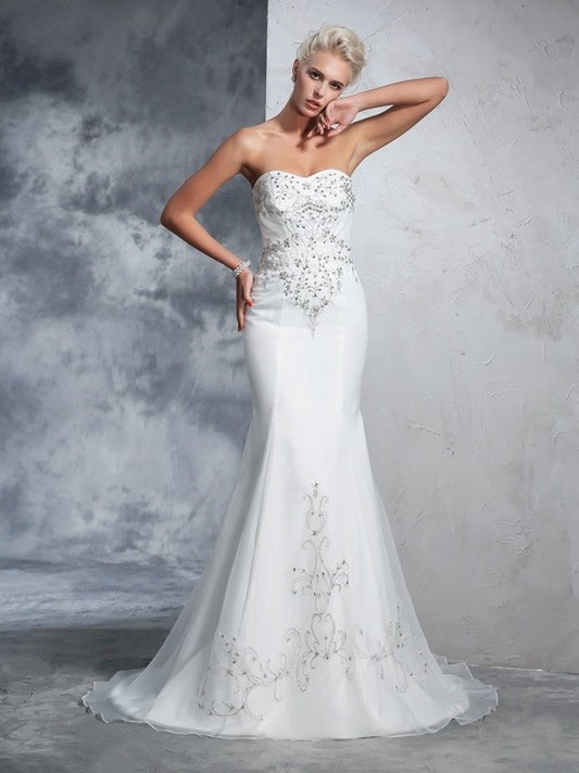 Trumpet/Mermaid Sleeveless Sweetheart Long Beading Satin Wedding Dresses