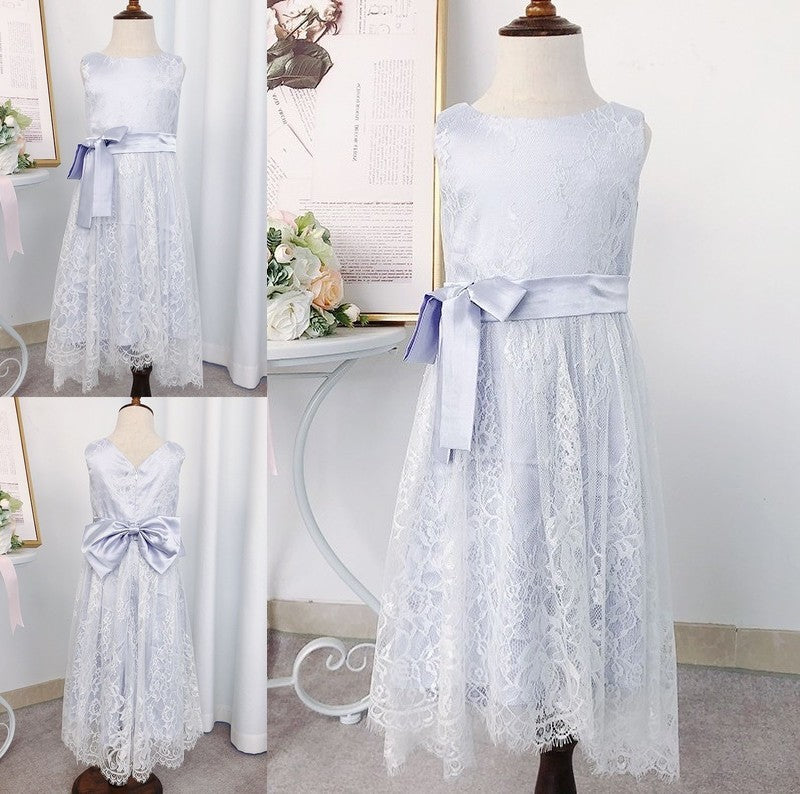 Lace Sleeveless Tea-Length A-Line/Princess Bowknot Scoop Flower Girl Dresses