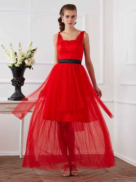 A-Line/Princess Straps Long Sleeveless Pleats Elastic Woven Satin Dresses