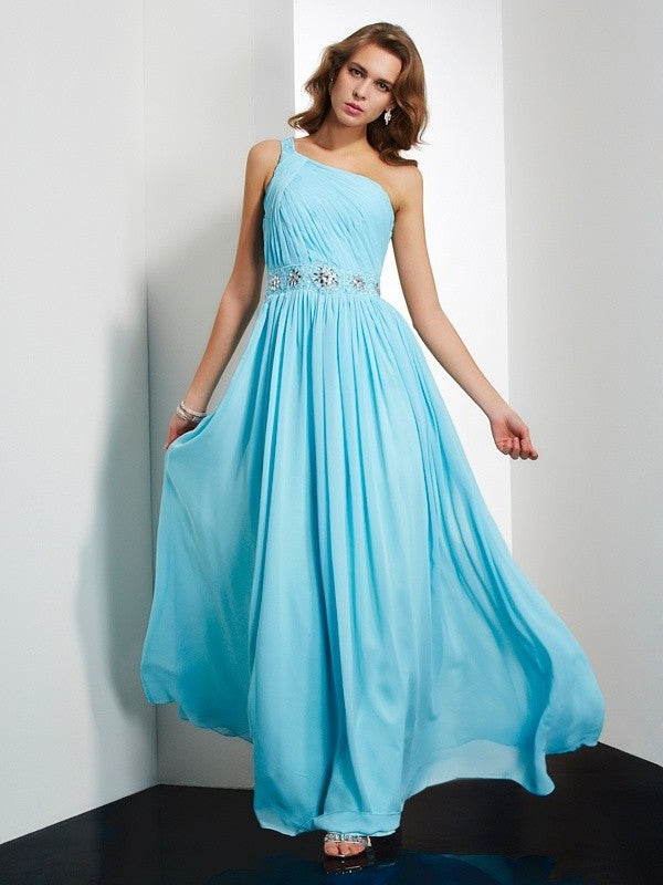 Beading One-Shoulder A-Line/Princess Sleeveless Long Chiffon Dresses