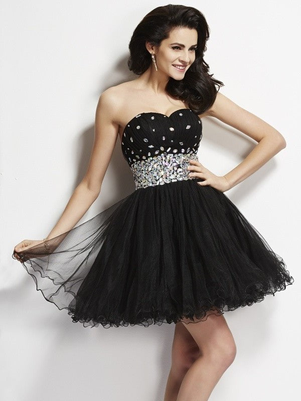 Beading Short Sleeveless Woven A-Line/Princess Sequin Sweetheart Elastic Satin Homecoming Dresses