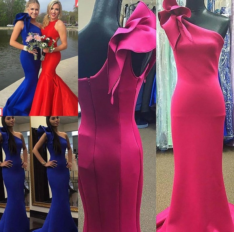 Trumpet/Mermaid Ruffles One-Shoulder Sleeveless Sweep/Brush Train Stretch Crepe Dresses